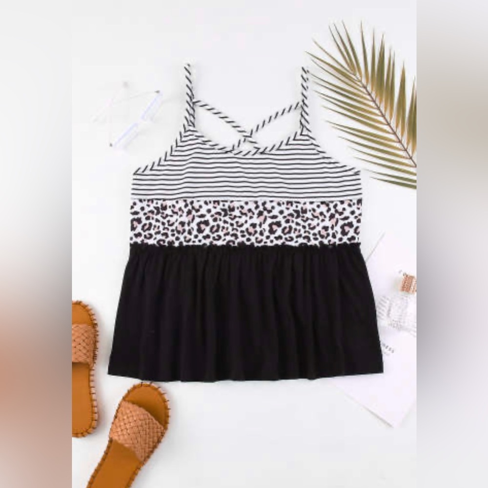 Leopard Striped Color Block Crisscross Camisole